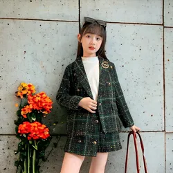 Girls School Outfits Kids Clothes Baby Preppy Suit Green Plaid Blazear & Shorts Children Formal Costumes Spring 6 8 10 12 Years