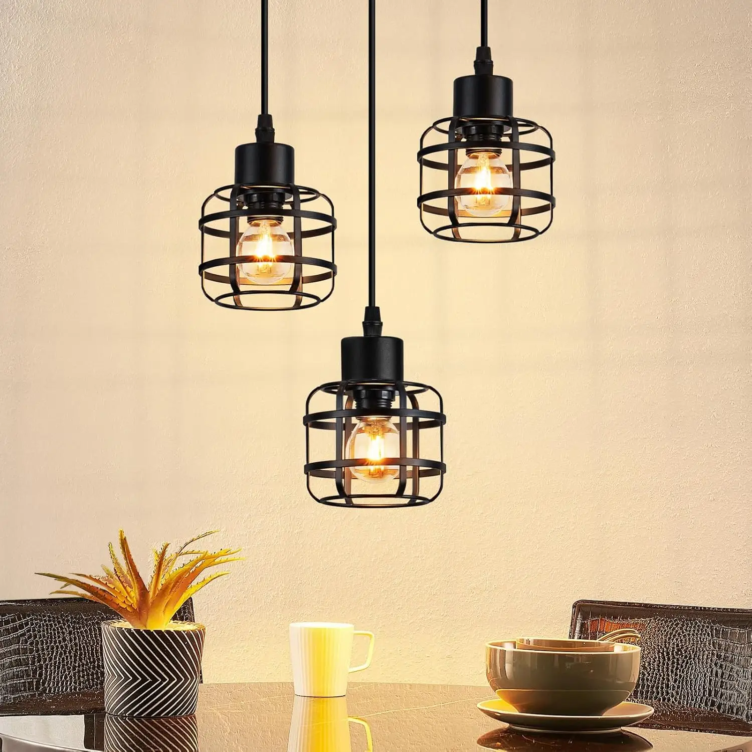 Lampe suspendue pour table à manger, lampe suspendue vintage en métal, 3 ampoules E14, lampe de table à manger rétro, lampe suspendue noire, hauteur réglable pour salon, salle à manger, cuisine (sans ampoules)