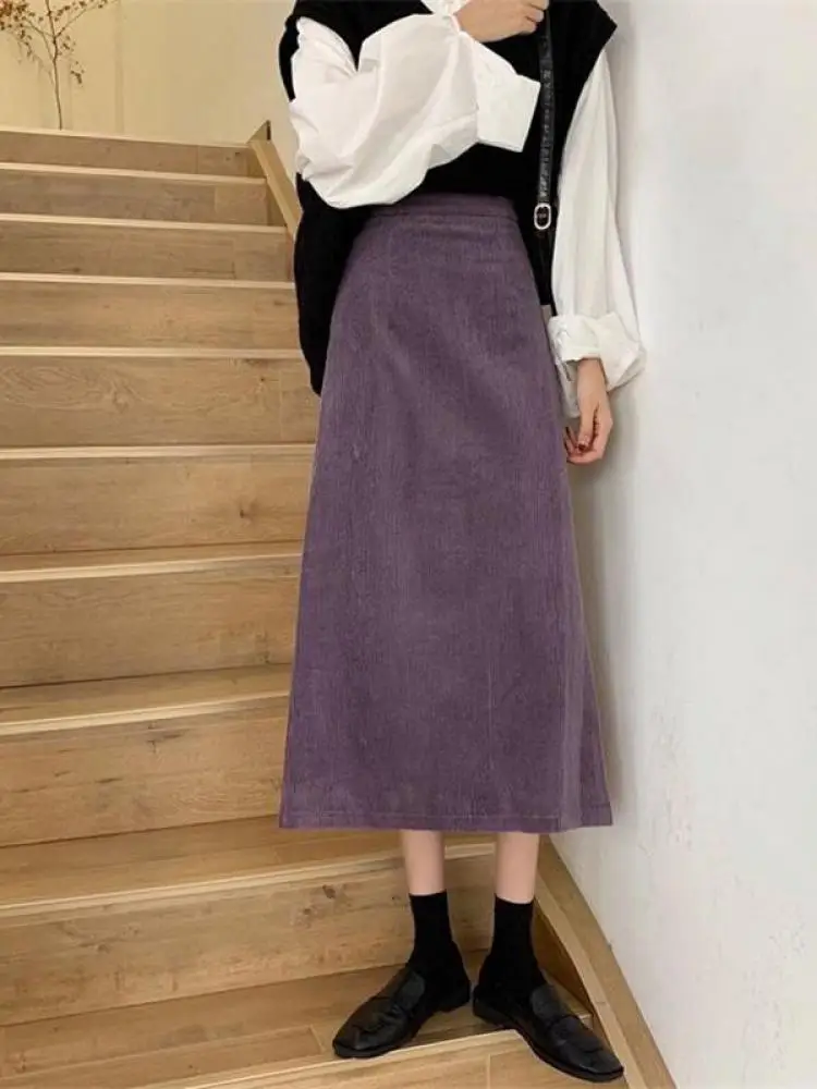 Vintage femmes noir Beige velours côtelé élégant Festival jupe longue automne hiver violet vert taille haute enveloppement hanche a-ligne demi-jupe