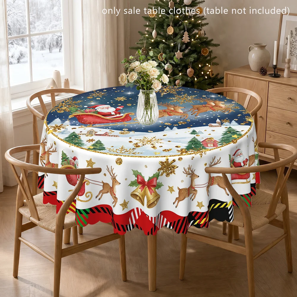 Round Christmas tablecloth, indoor and outdoor - Santa and reindeer sleigh print, Arctic theme