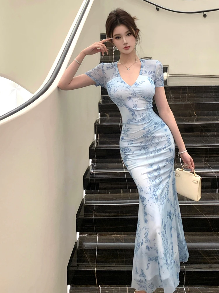 

Сексуальное платье Pure Desire с цветочным принтом Dr ort Sve V-Ne, облегающее талию, длинное базовое платье с длинным хвостом для молодых женщин