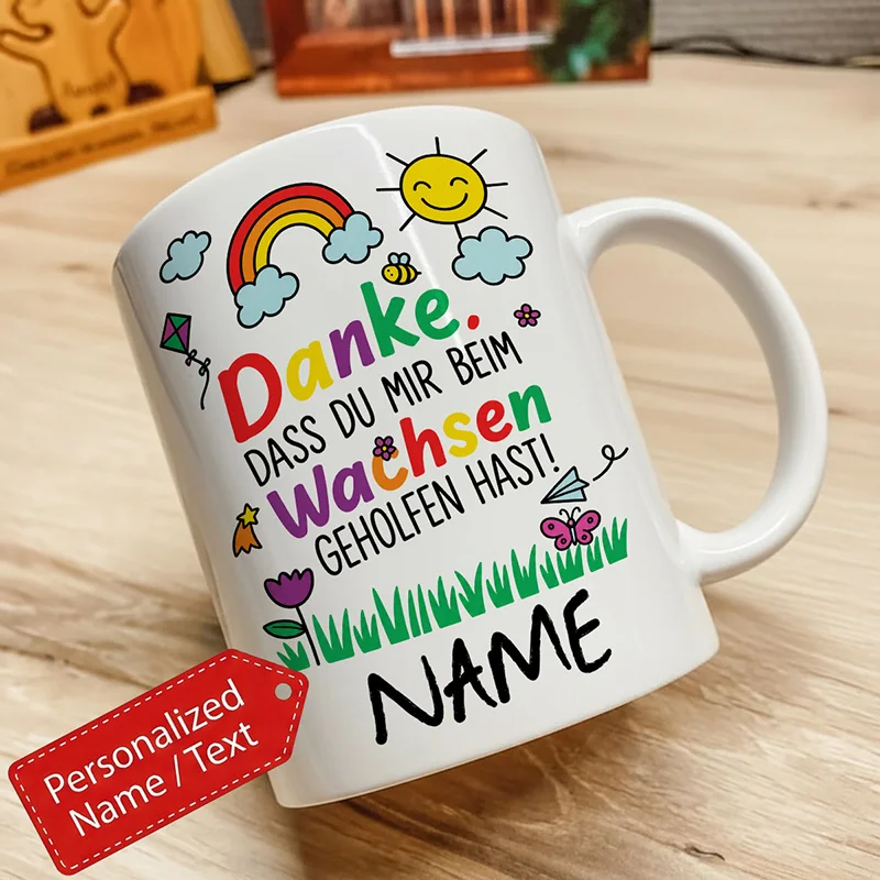 Personalized Teacher Appreciation Theme 11Oz Ceramic Coffee Mug - 7 Colors Available, German Text Saying 'Danke', Colorful Rainb
