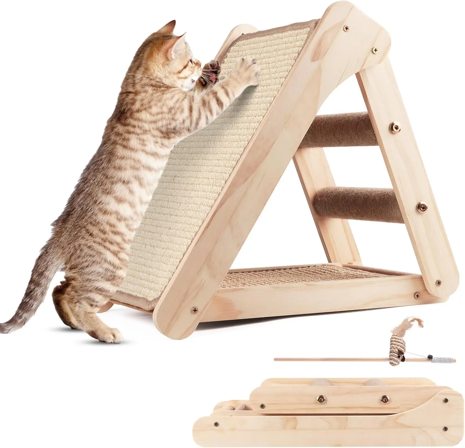 

Sisal Cat Scratcher Board,Triangular Cat Scratch Ramp with Climbing Ladder,Wooden Scratching Board with 2 pcs Sisal Pad