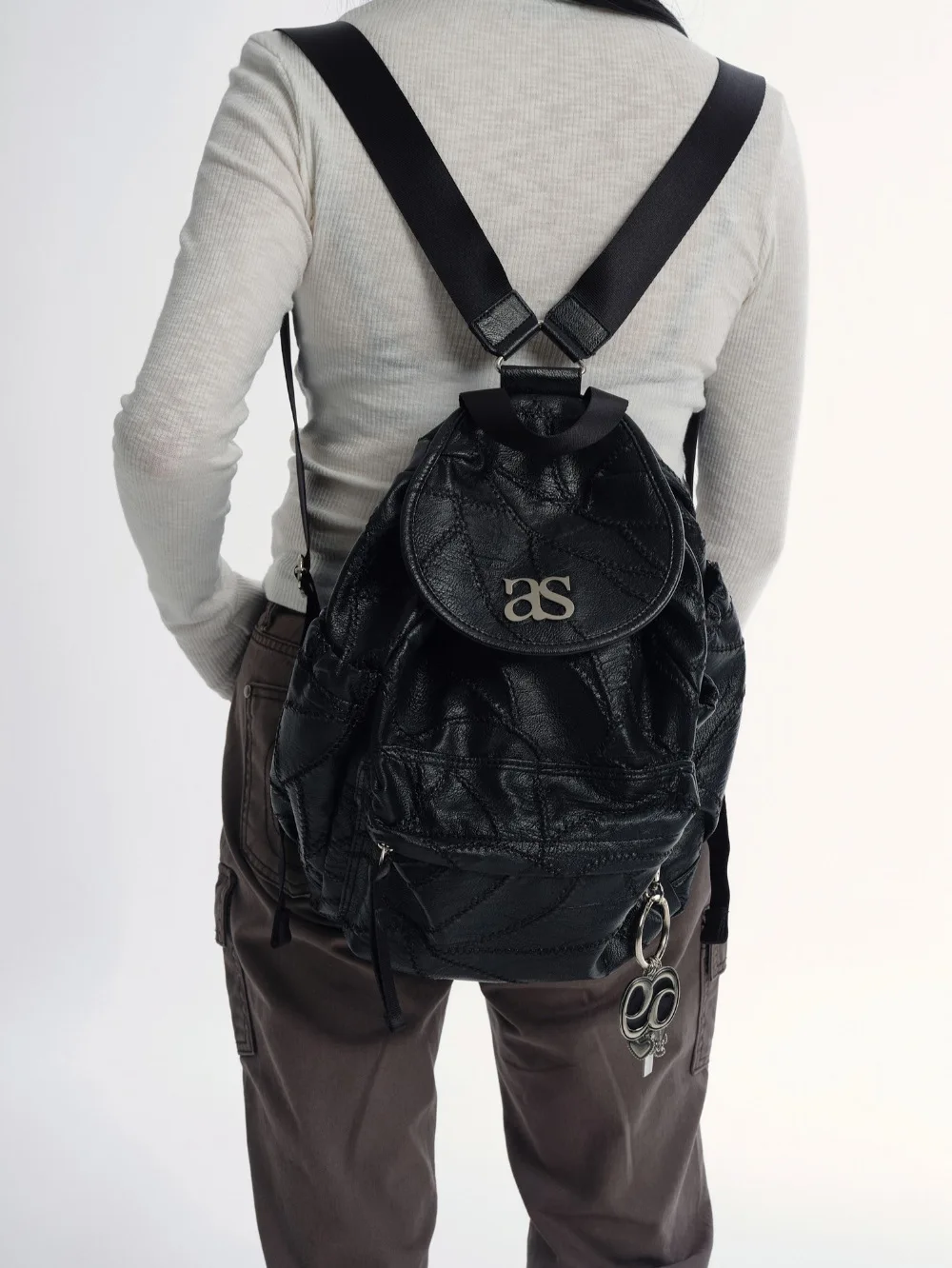 Ason 2025 New Korean Style Black PU Leather Sweet & Spicy Embroidered Crackle Large Capacity Shoulder Shell Bag