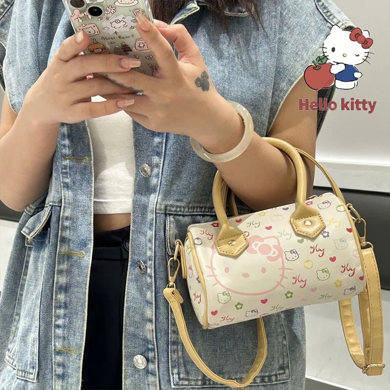 Hello Kitty Cartoon Handbag Cute Sanrio Kitty Printed Mini Zipper Crossbody Bag Pu Retro Fashion Summer Versatile Shoulder Bag