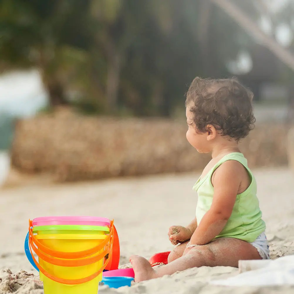 4Pcs Bright Colorful Plastic Beach Bucket Set for Kids Sand Play Building Castles Digging Holes Barbecue Pits Outdoor Summer Fun