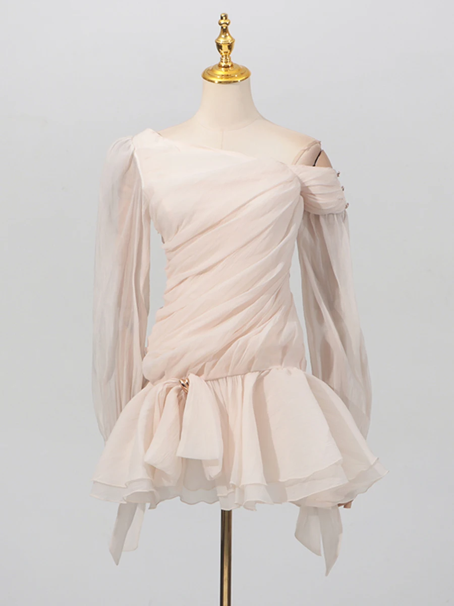 VGH 핫스윗 스플라이스 시스루 메쉬 드레스 (여성용) - 숏팬츠 포함, 사선 칼라, 긴팔, 패치워크, 리본 퍼프 드레스, 봄