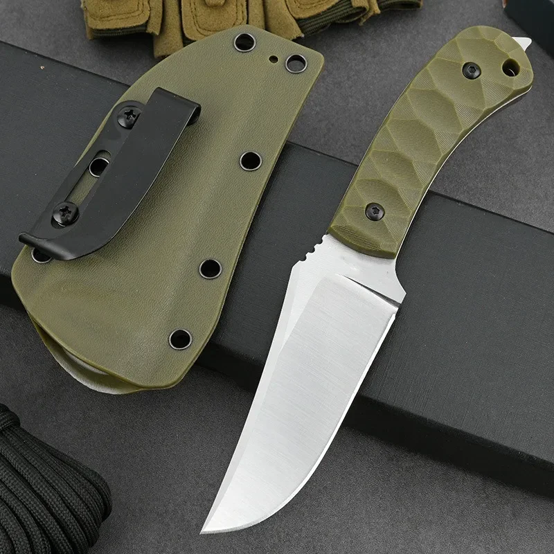 G10 Fiber Handle Outdoor Small Straight Knife, D2 Steel Green Back Clip K Sheath Portable Outdoor Survival Knife