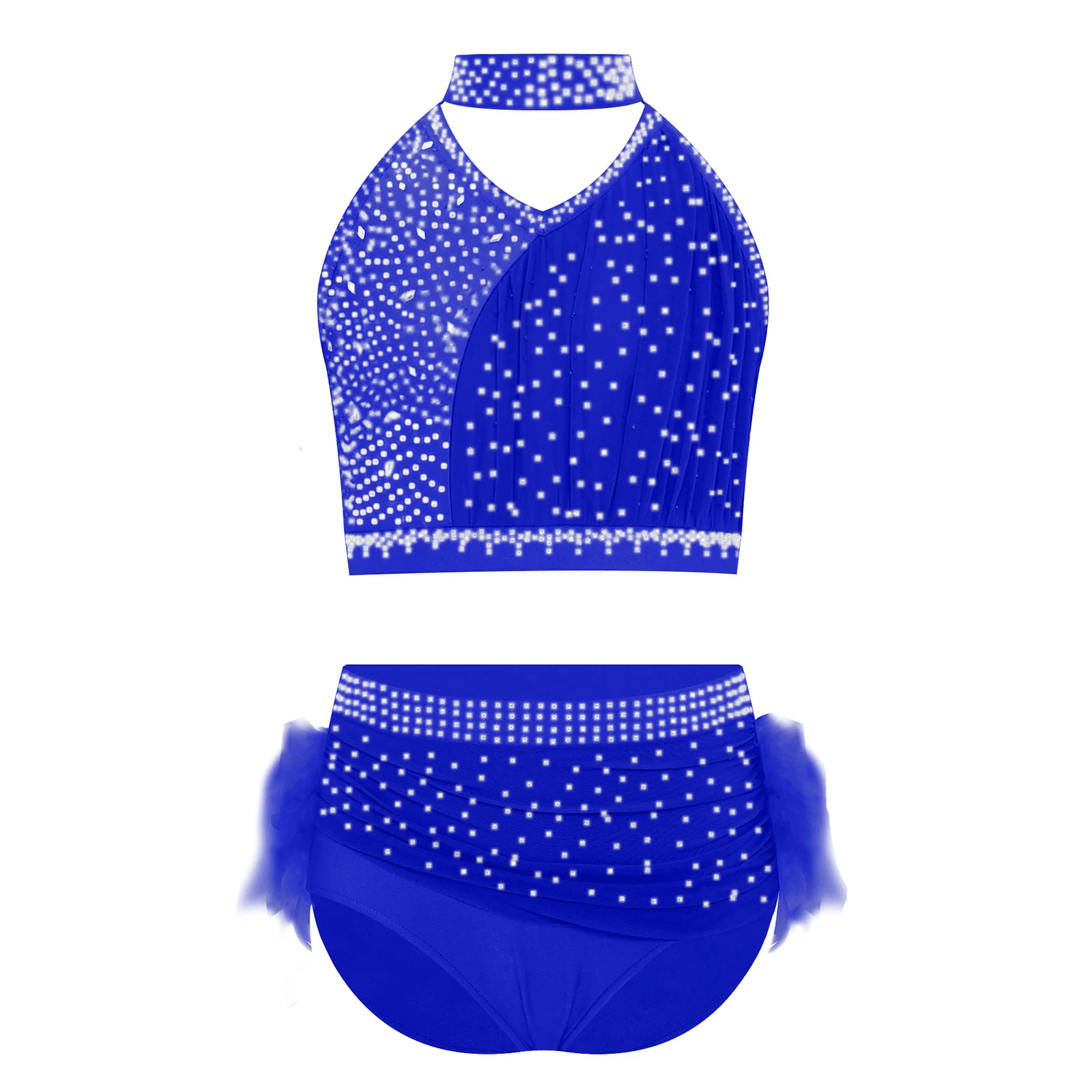 

Kids Girls Stage Performance Wear Sparkling Rhinstone Crop Top with Feathered Dance Briefs Shorts for Lyrical Salsa Dance Shows