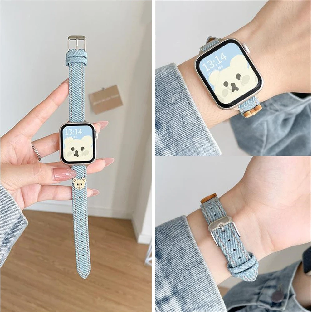 Denim Leather Slim Watchbands for iWatch Series Ultra 9 8 7 5 4 3 Cute Bear Button Strap for Apple Watch 49 45 38 42 41 40 44mm