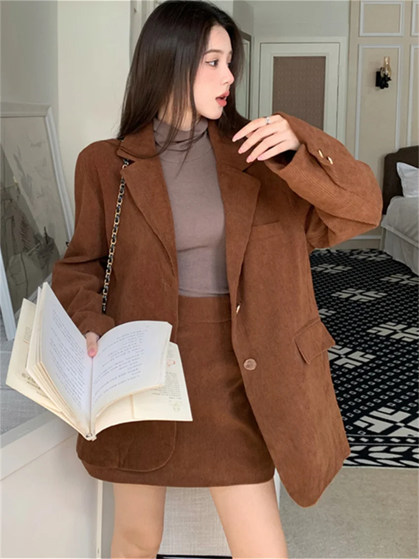 PLAMTEE Stylish Autumn Corduroy Women Two Pieces Suits Elegant Office Lady Chic Casual Blazers Minimalist Mini Skirts Sets