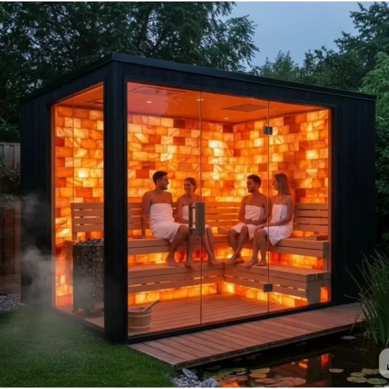 Outdoor Sauna Cabin With Himalayan Salt Wall And Glass Panels For Villa And Resort Projects