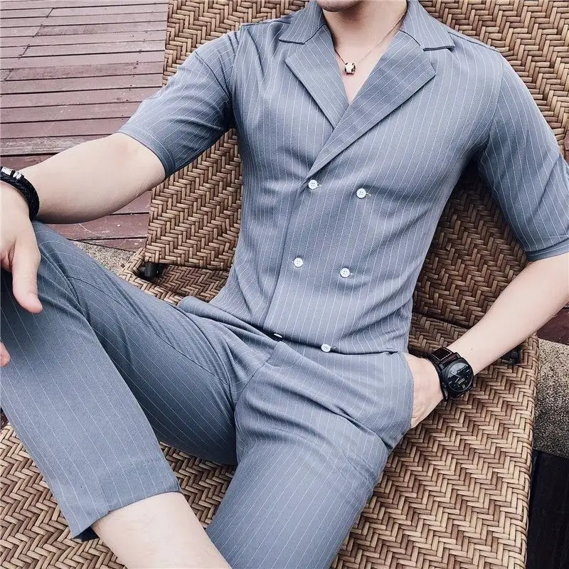 3-A95  2024 striped suit niche three-quarter short-sleeved summer Xiaoxiang style bran\'s double-breasted high-quality suit