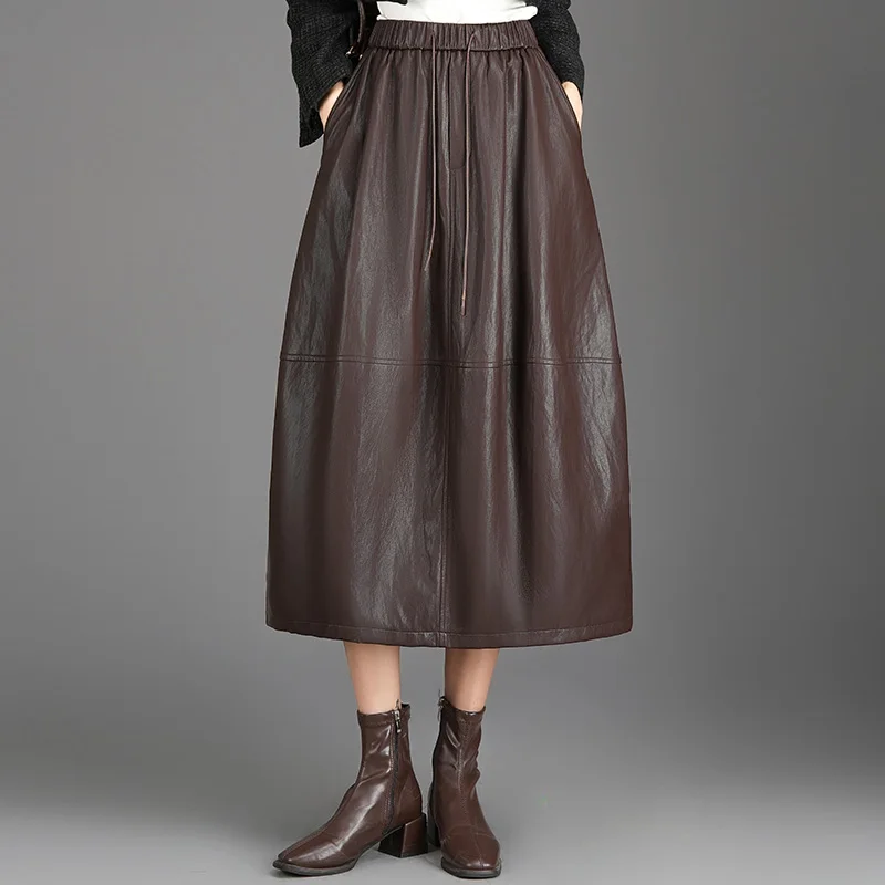 

Новая женская юбка А-силуэта из искусственной кожи с завышенной талией, средней длины, с цветочным узором, скрывающая бедра, для осени и зимы...