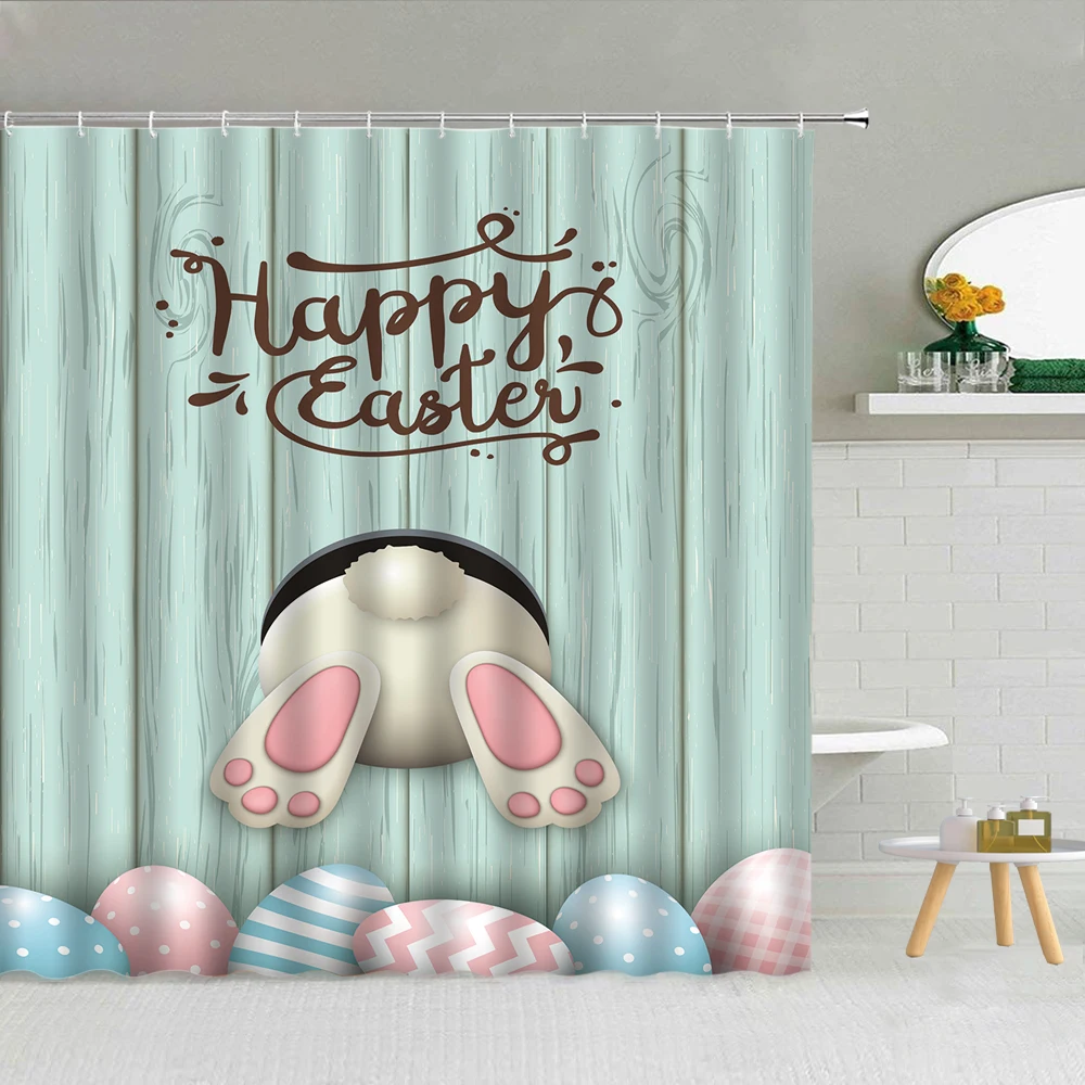 Funny Bunny Easter Shower Curtain Rabbit Colorful Egg Flower Wood Striped Backdrop Bathroom Decor Washable Fabric Hooks Curtains