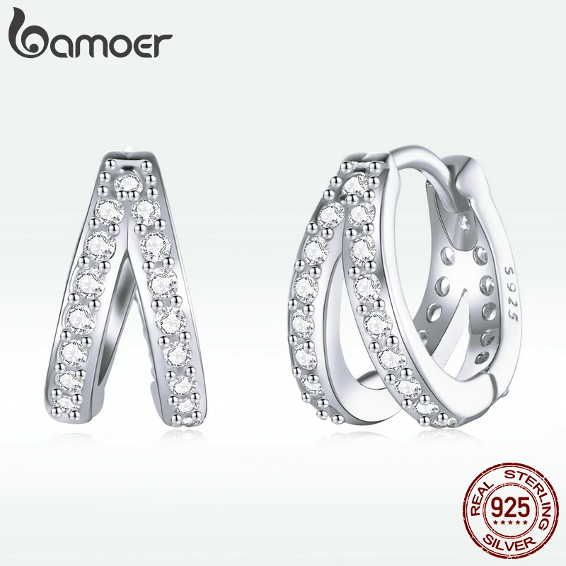 

Bamoer Shining Double-layered Earrings 925 Sterling Silver Zircon Ear Buckle Earrings Women Wedding
