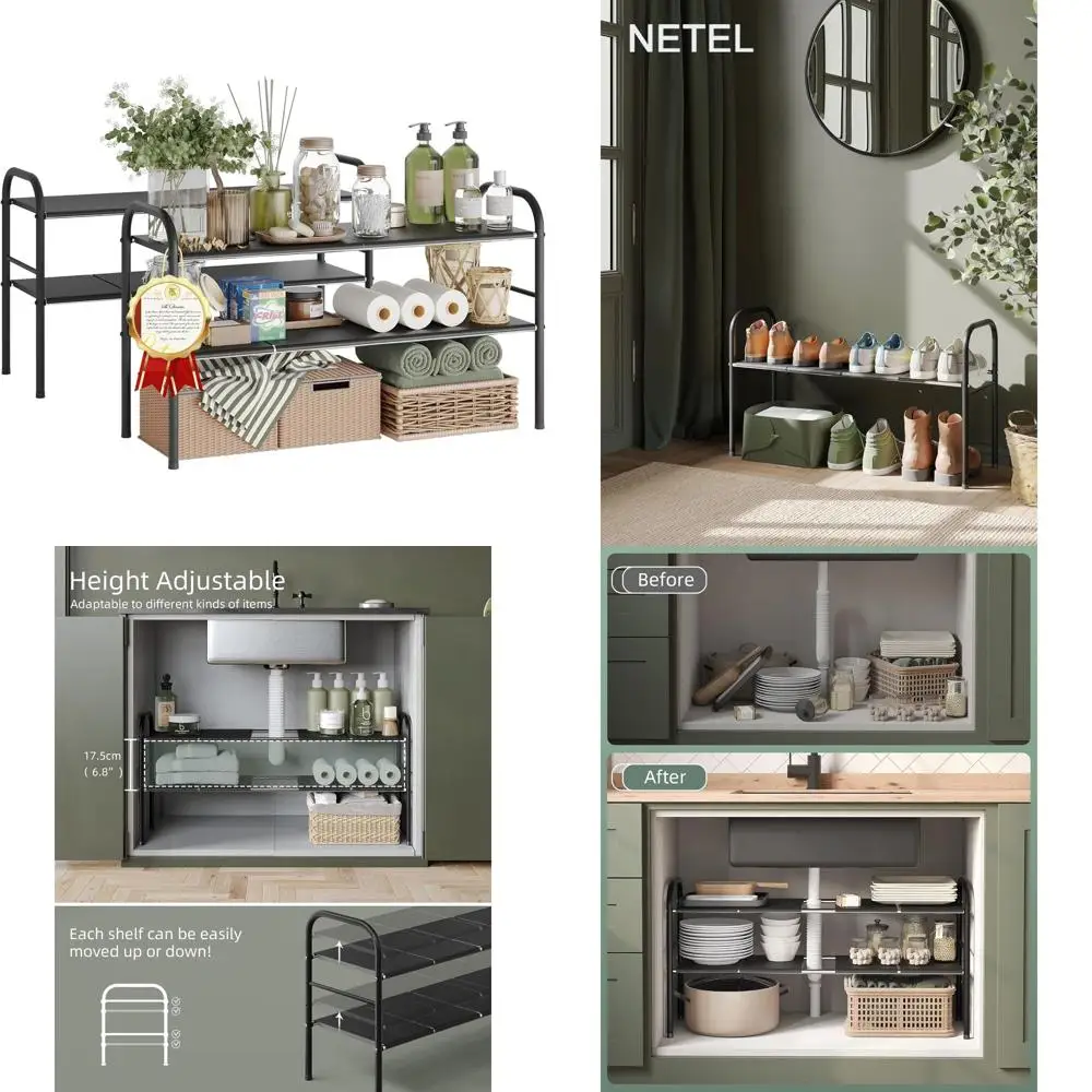 

Расширяемый двухуровневый органайзер для хранения под раковиной с 8 съемными панелями для кухни, ванной комнаты и полки для обуви