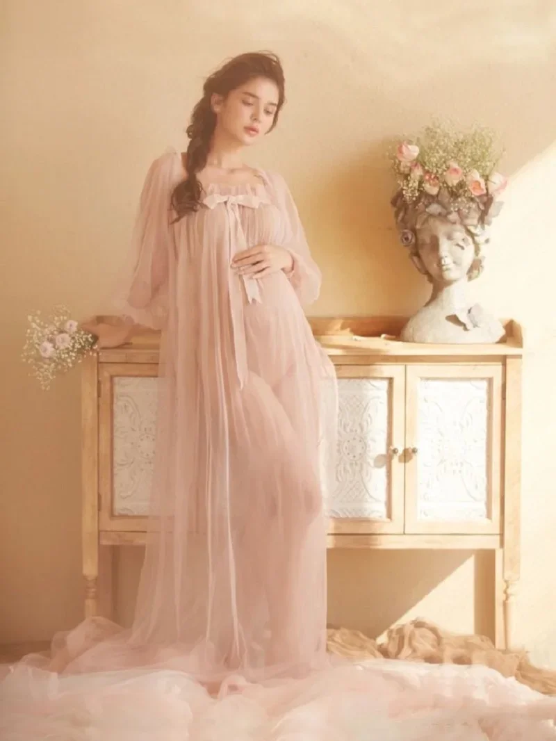 Women\'s Off-Shoulder A-line Photography Dress Elegant Square Collar Tulle Maternity Dress for Photoshoot Baby Shower