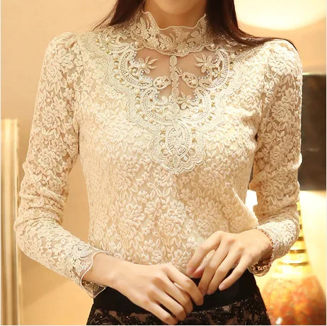 Women Korean Style Spring Autumn Lace Embroidery Patchwork Shirts Sexy Solid Color Stand Collar Long Sleeve Blouse Tops