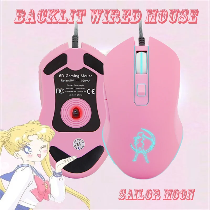 

Pink Mini Silent Gaming Wired Mouse Sailor Moon RGB Gamer Mice Optical Backlight Cartoon Mause For Girl Laptop Computer Kid Gift