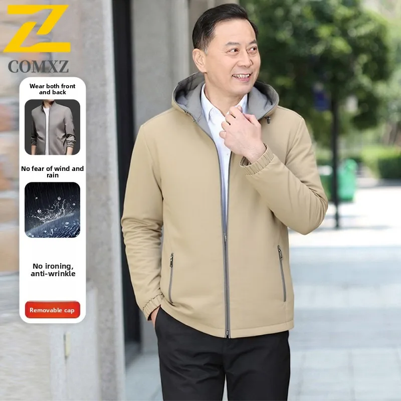 Spring Autumn  Men's Jacket Reversible Hooded Stand Collar Windproof Coat Business Casual Outerwear for Elderly Dad New 2025
