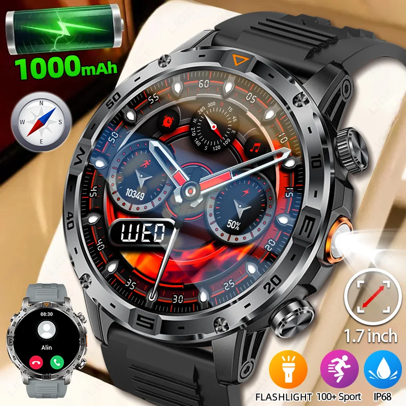lige-1000mah-超大容量バッテリー搭載-大人向けスマートウォッチ-フラッシュライト-コンパス-17インチ大画面-bluetooth通話-ip68-スポーツウォッチ
