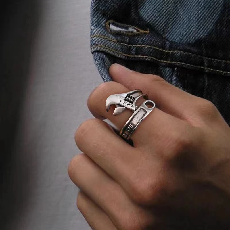 Silver-Plated Creative Wrench Open Ring Repair Tool Wrench Adjustable Ring Men\'s Punk Biker Rock Trend Jewelry Gift