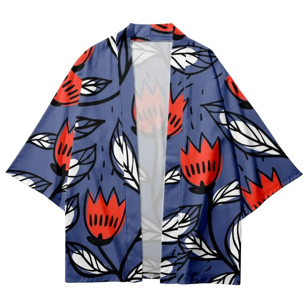 Loose Cartoon Flower Leaves Printed Blue Kimono Beach Shorts Streetwear Summer Casual Couple Women Men Haori Yukata Cardigan