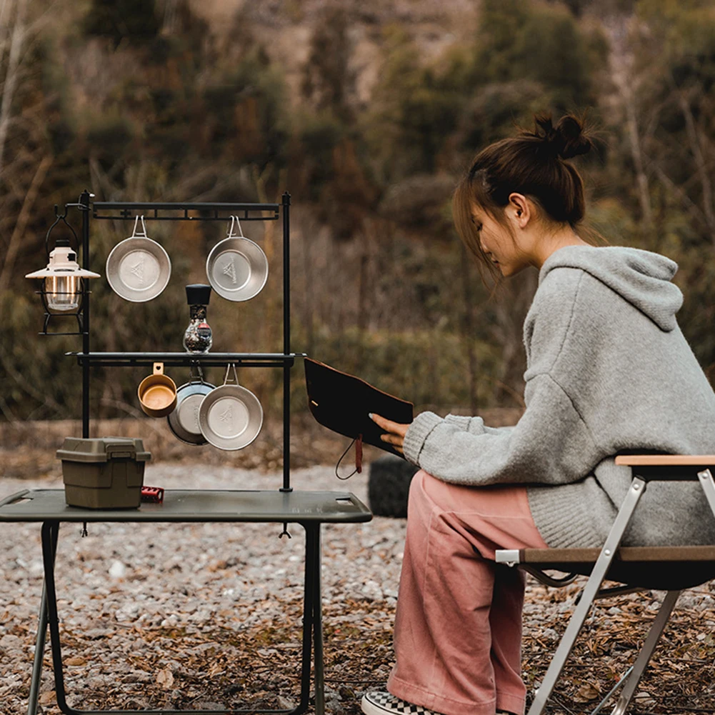 

Camping Stand Outdoor Tools Organizer Detachable Desktop Storage Stand with Lantern Hook Cookware Pot Pan Lamp Hanging Rack