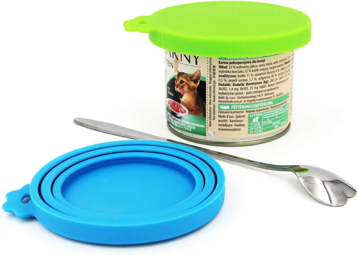 

Comtim Pet Food Can Lids, Silicone Can Covers for Dog Cat Food, Universal Size Fit Small Medium Large Cans, 2 Pack and 1 Pet Food Cans Spoon