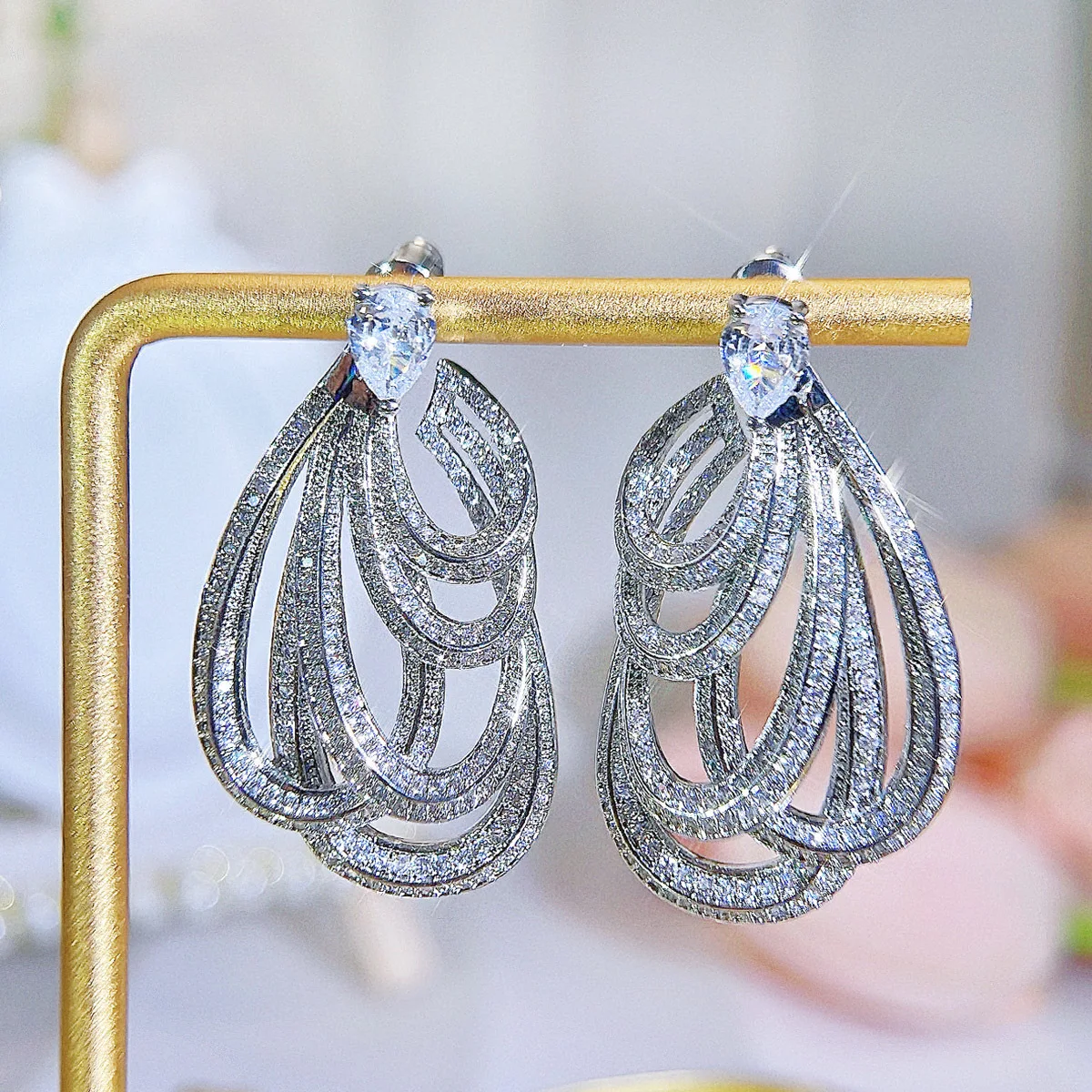 Silver Plated Multi Layer Swirl Teardrop CZ Dangle Earrings Full Paved Zircon Statement Wedding Party Women Jewelry