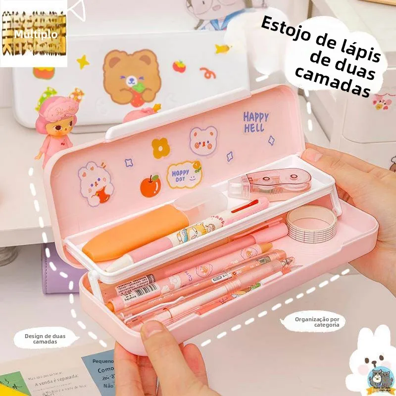 creative-double-layer-large-capacity-girls-cartoon-pencil-case-iron-material-stationery-box-cute-shape-student-desk-organizer