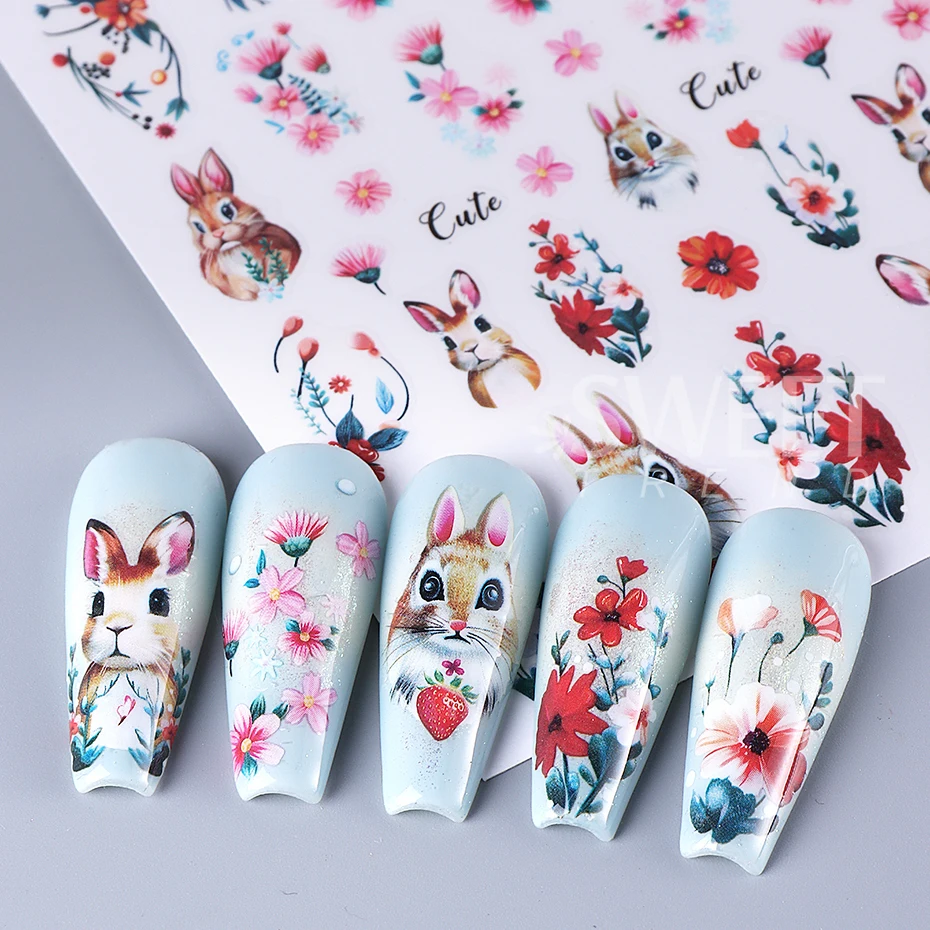 

4pcs Easter Cute Bunny Flower Nail Stickers 3D Rose Petals Leaves Butterfly Spring Summer Sliders Decals DIY Manicure Decoration