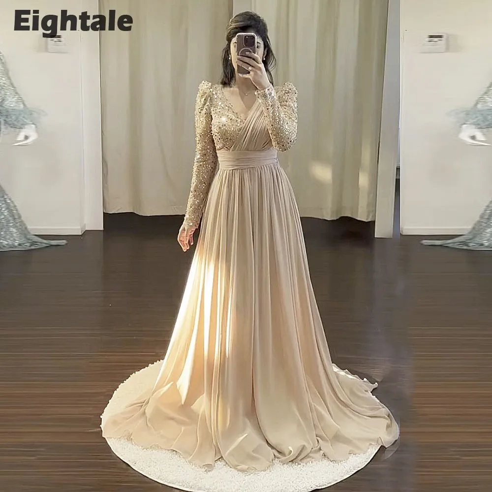 

Eightale Elegant Evening Dresses Champagne Glitter V-Neck Pleats Chiffon Long Sleeves Prom Party Gown Graduation robes de soirée