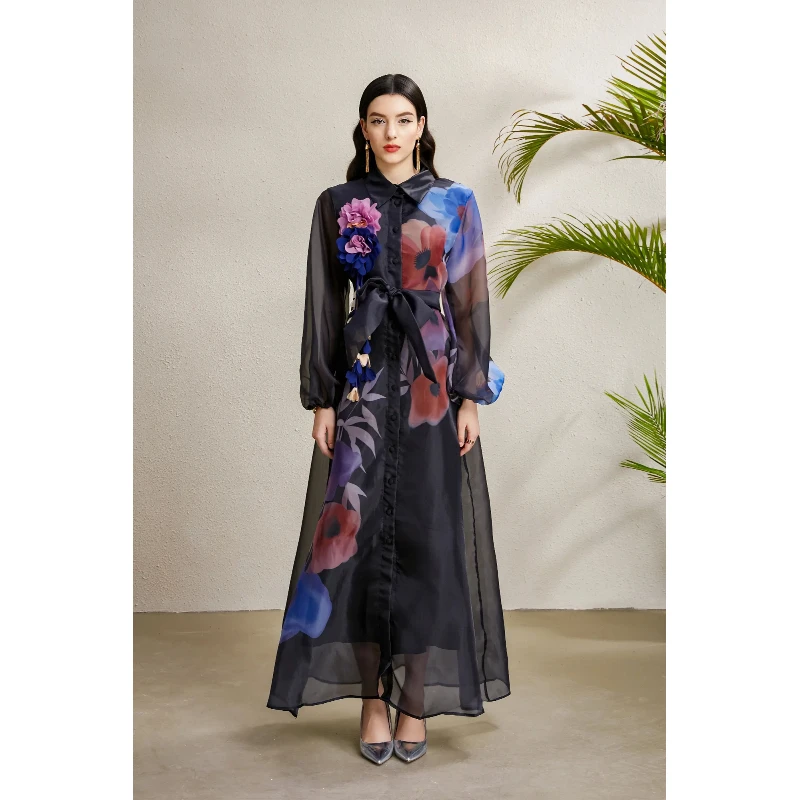 KAROLINA2025 Inizio autunno Stampa floreale Lunga Dr Lanterna Sve Colletto rovesciato Vacanza Dr Ele Silhouette a trapezio