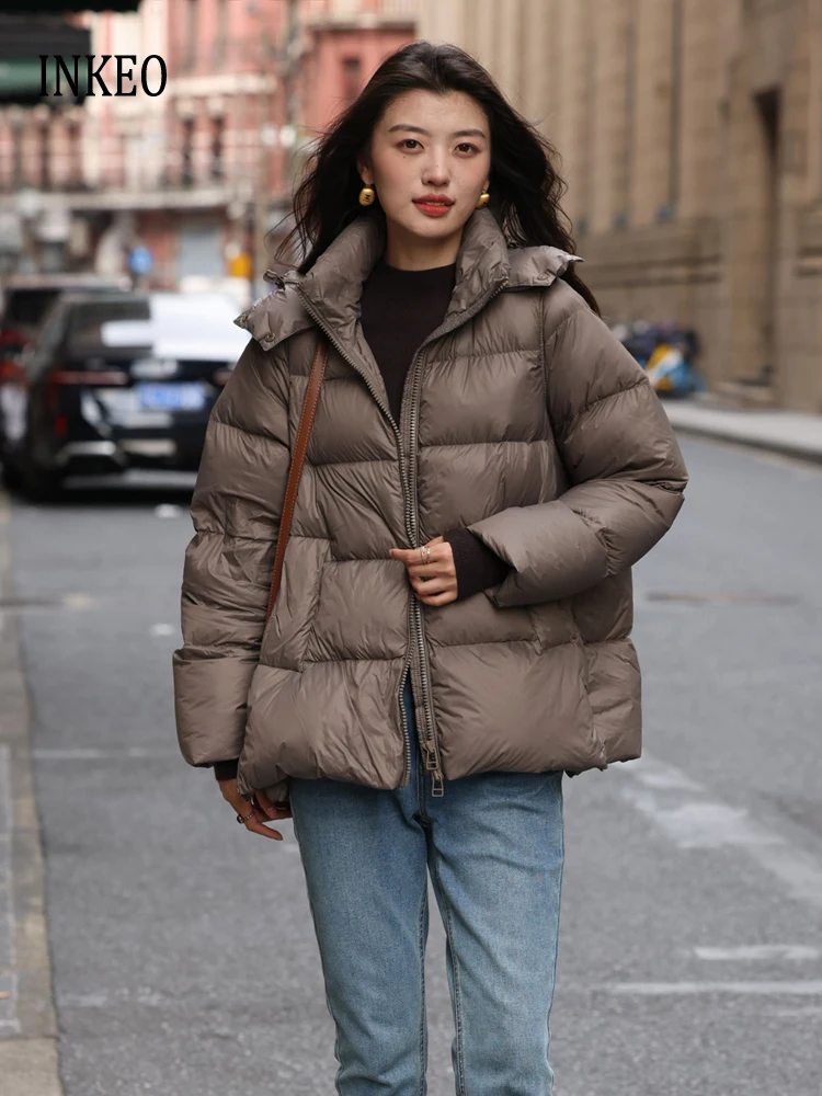 INKEO-Chaqueta de plumón corta con capucha para mujer, Abrigo acolchado de corte en A, diseño cálido, prendas de vestir femeninas, color negro,