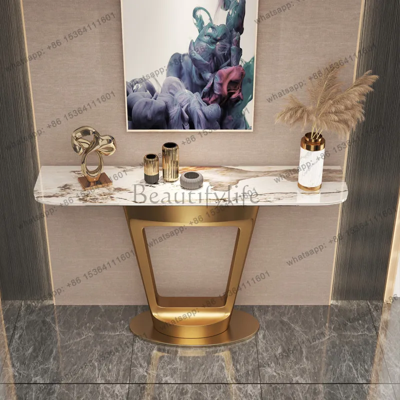 Italian light luxury gold-plated brushed stainless steel entrance porch table imported rock slab porch