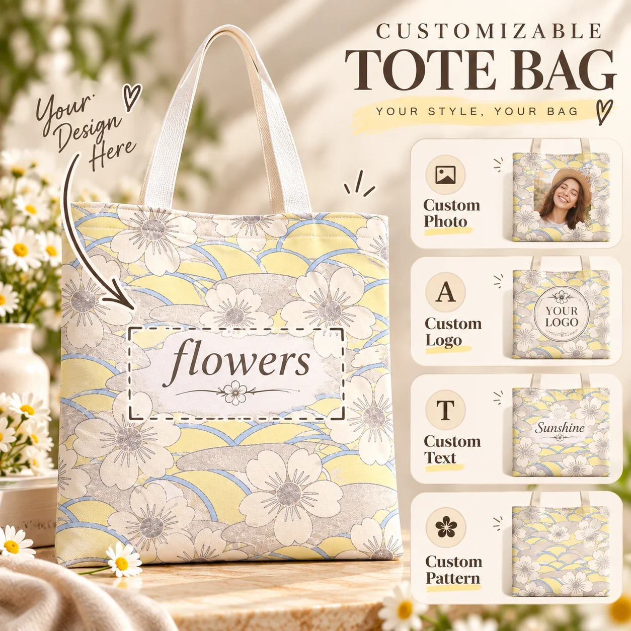 Custom Tote Bag Personalized Photo Logo Print Faux Linen Fabric Reusable Shopping Tote Bag for Beach Travel Grocery Daily Use