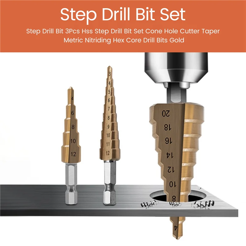 AEE6-Step Drill Bit 3Pcs Hss Step Drill Bit Set Cone Hole Cutter Taper Metric Nitriding Hex Core Drill Bits