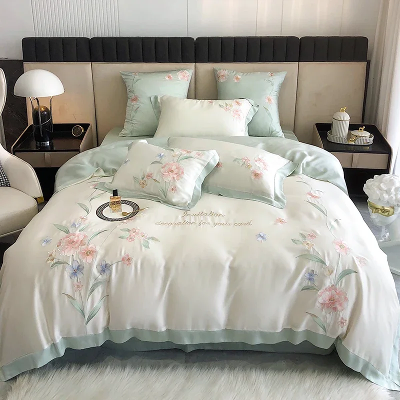 

Euro Luxury 100% Silky Sheet Bedding Set High-Grade Embroidery Silk Duvet Cover Set Sheet Pillowcase Queen King Bed Set 4pcs