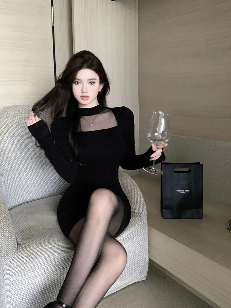 

plus Size Women's Sexy Bla Me Splice Knitted Dr Spring Long Sve Waist Cinched Bodycon ort Dr High Waist Commut...