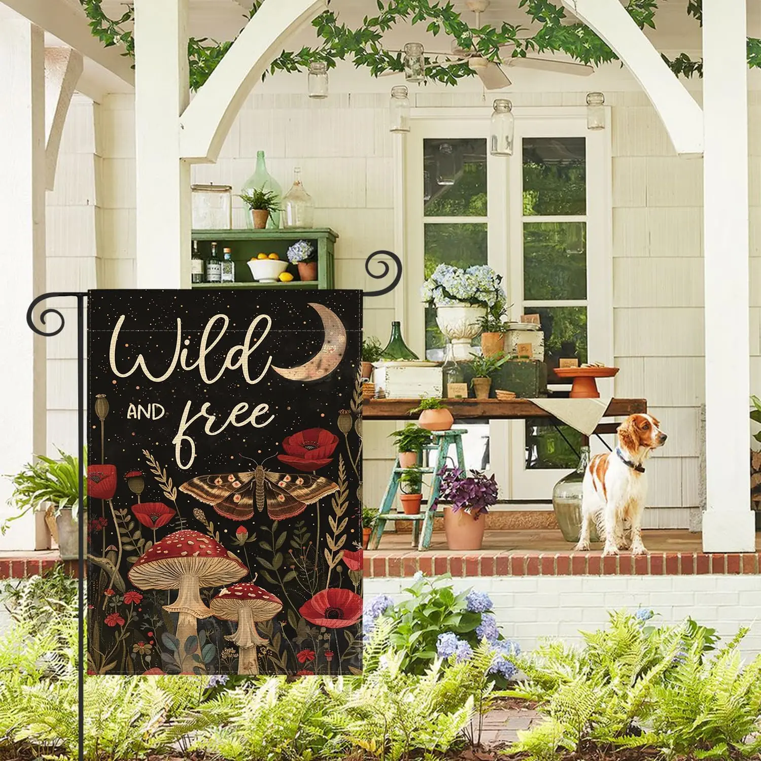 AVOIN colorlife Wild and Free Garden Flag 12x18 Inch Double Sided Outside, Mushroom Moon and Moth Yard Outdoor Flag XXP EEU SSL