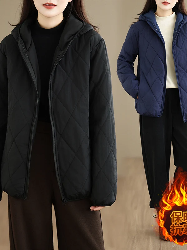 Women's Diamond Pattern Hooded Cotton Jacket Loose Fit Lightweight Japanese Style Winter Coat Zipper Closure Daily Wear