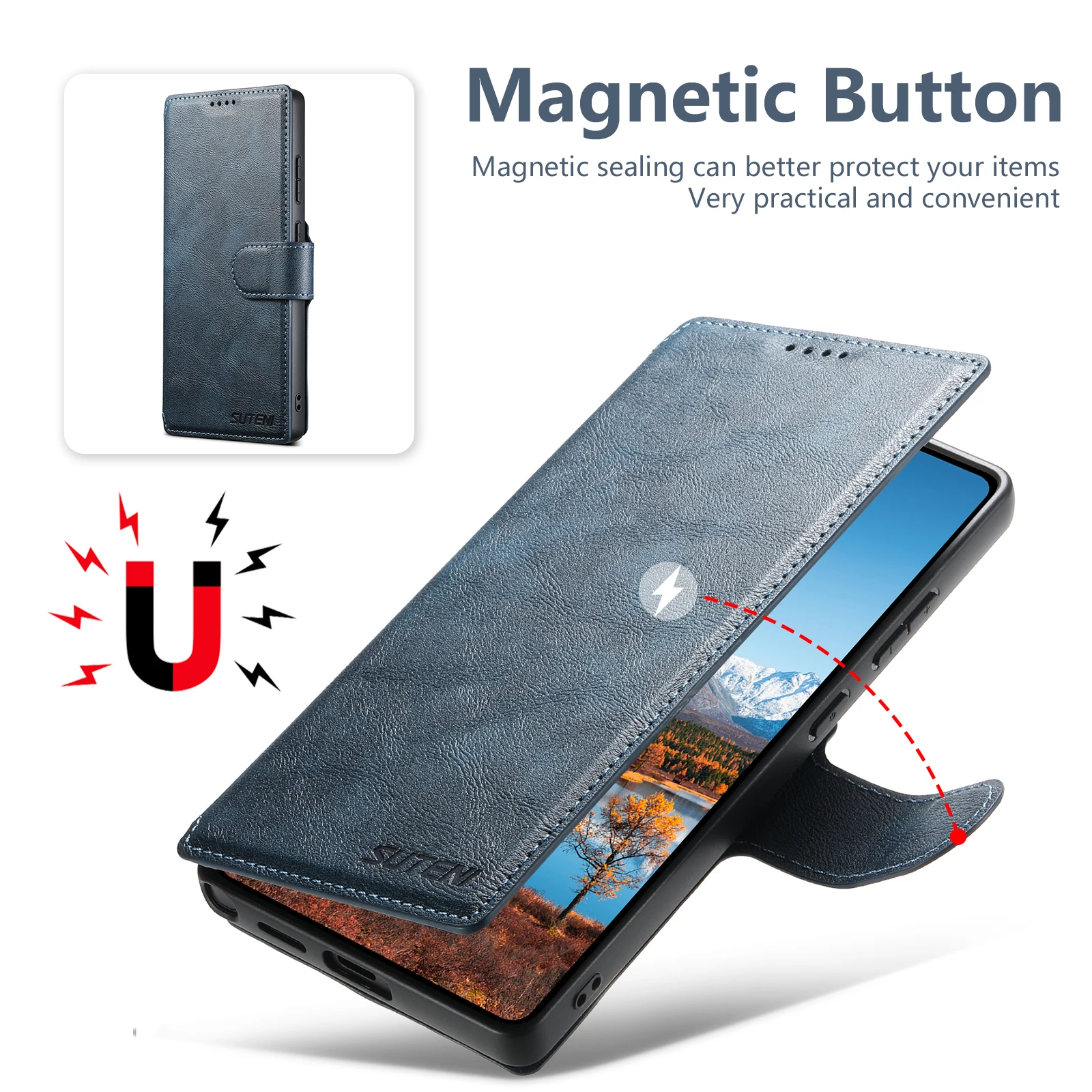 SUTENI PU Leder Drahtlose Lade Karte Halter Stehen Brieftasche Magnetische Flip-Cover Telefon Fall Für Samsung Galaxy S25 Ultra S24 S23 – Detail 15