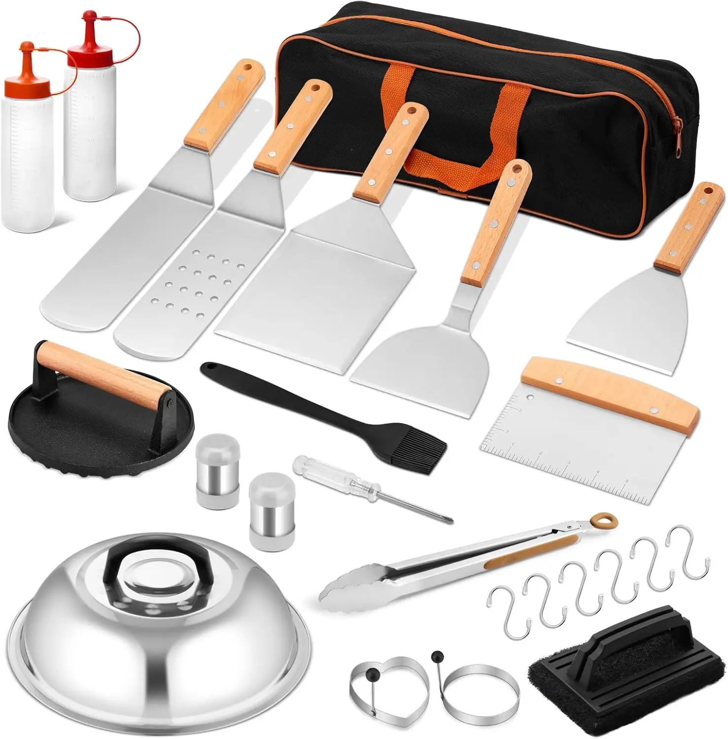 

Griddle Accessories Set of 25, Flat Top Grill Tools with Spatulas, Scraper, Basting Brush, Smash Burger Press, Carry Bag, Wood H