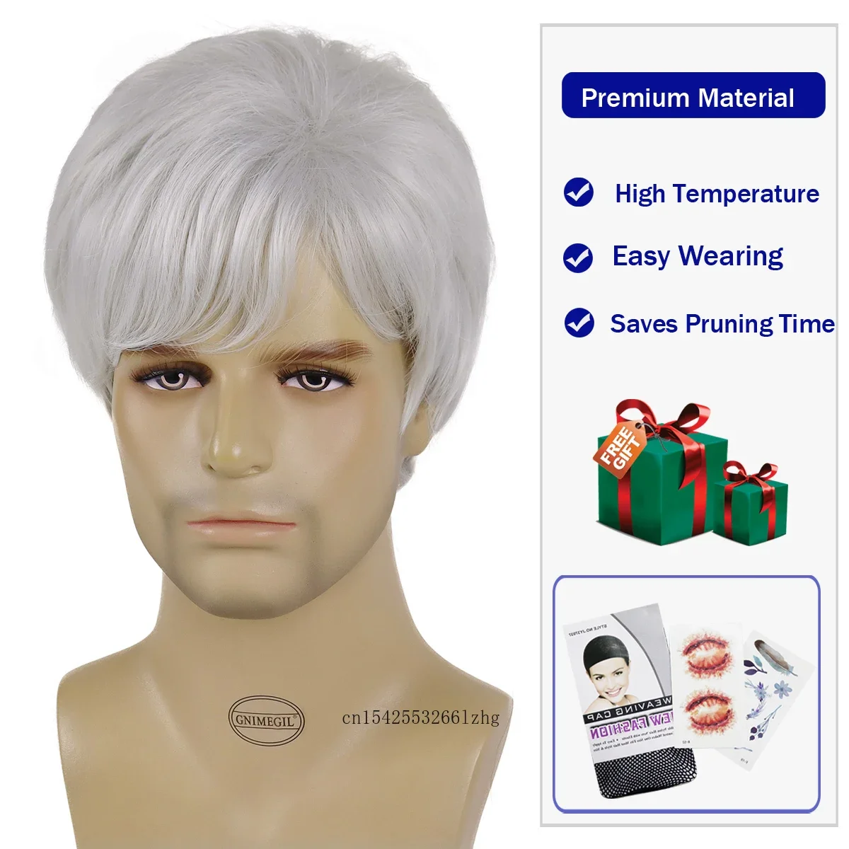 GNIMEGIL Synthetic Short Straight Hair Wig with Bangs Grey White Wig for Men Older Male Father Halloween Costume Cosplay Wig