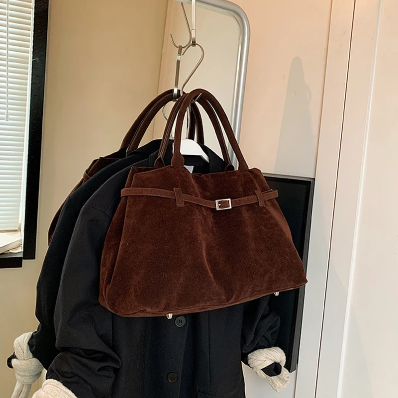 Schnalle Dekoratives Design Solide Faux Wildleder Handtasche Große Kapazität Haspe Casual Tote Heißer Verkauf Taschen für Frauen Bolsas Femininas – Detail 13
