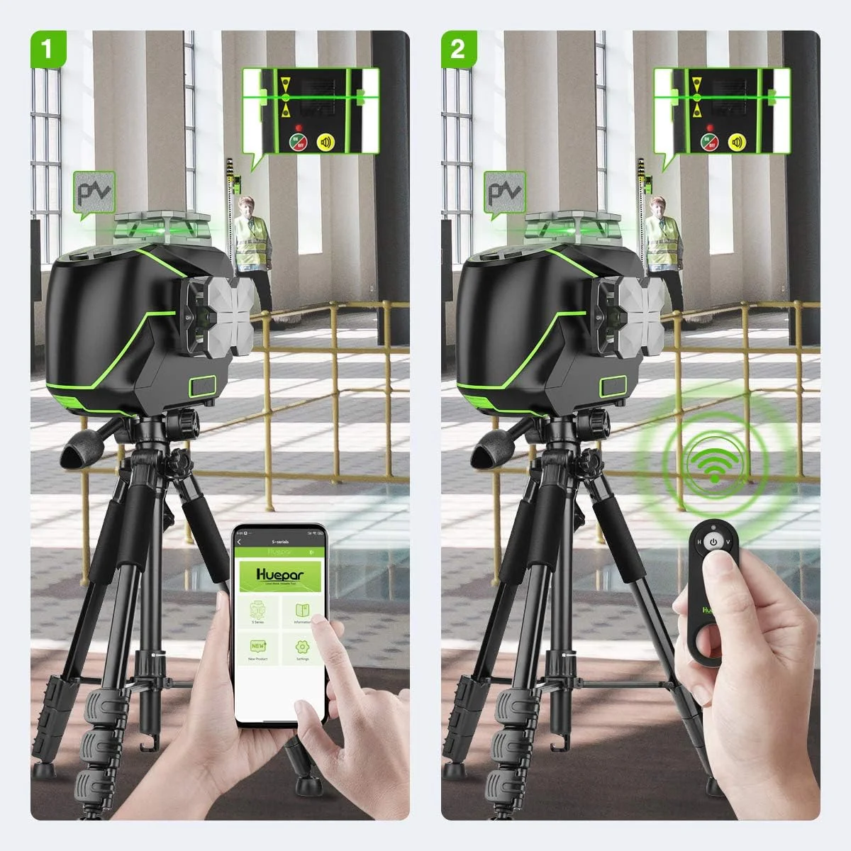 Huepar 12 Lines 3D Self Leveling Laser Level with LCD Screen 3x360° Bluetooth Connected Green Beam Cross Line & Remote Control