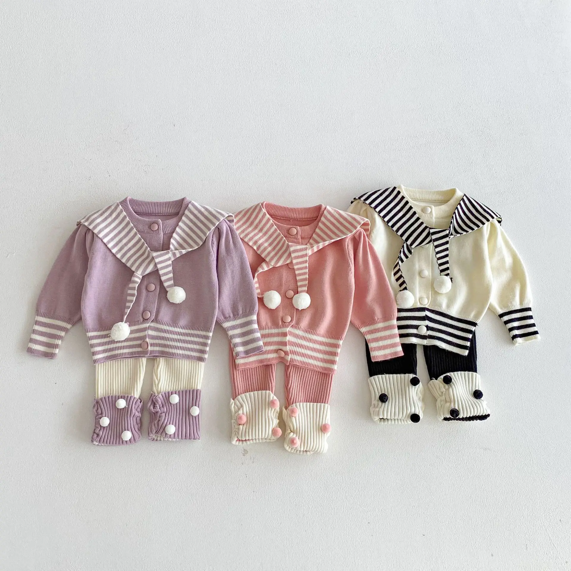 

2025 Winter New Baby Girl Thick Warm Sweater Set Infant Girl Knit Striped Coat + Leggings + Shawl 3pcs Suit Toddler Outfits