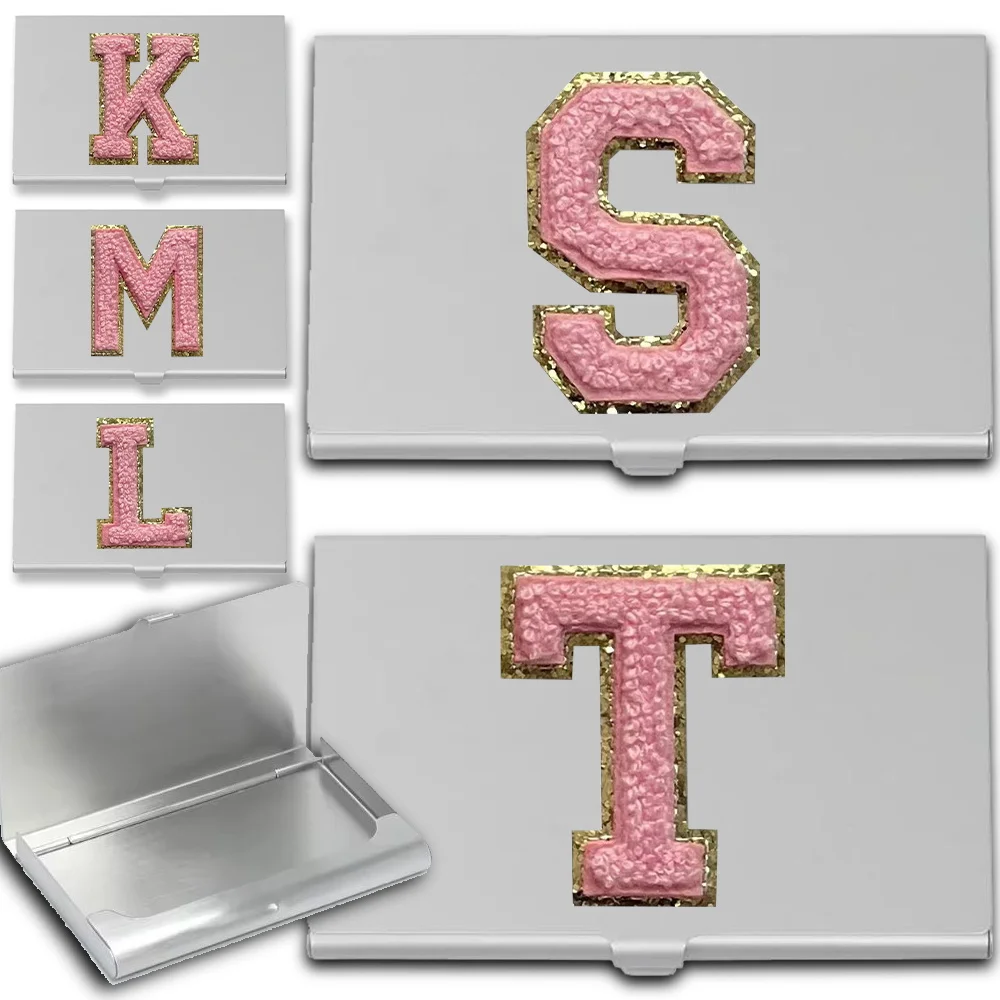 

Initial Chenille Metal Visiting Card Case Portable Business Card Storage Box Card Container Initials A-Z 26 Letter Pink Pattern